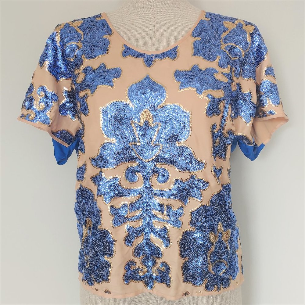 🎃NWT Tracy Reese Neiman Marcus Blue Sequin Blouse